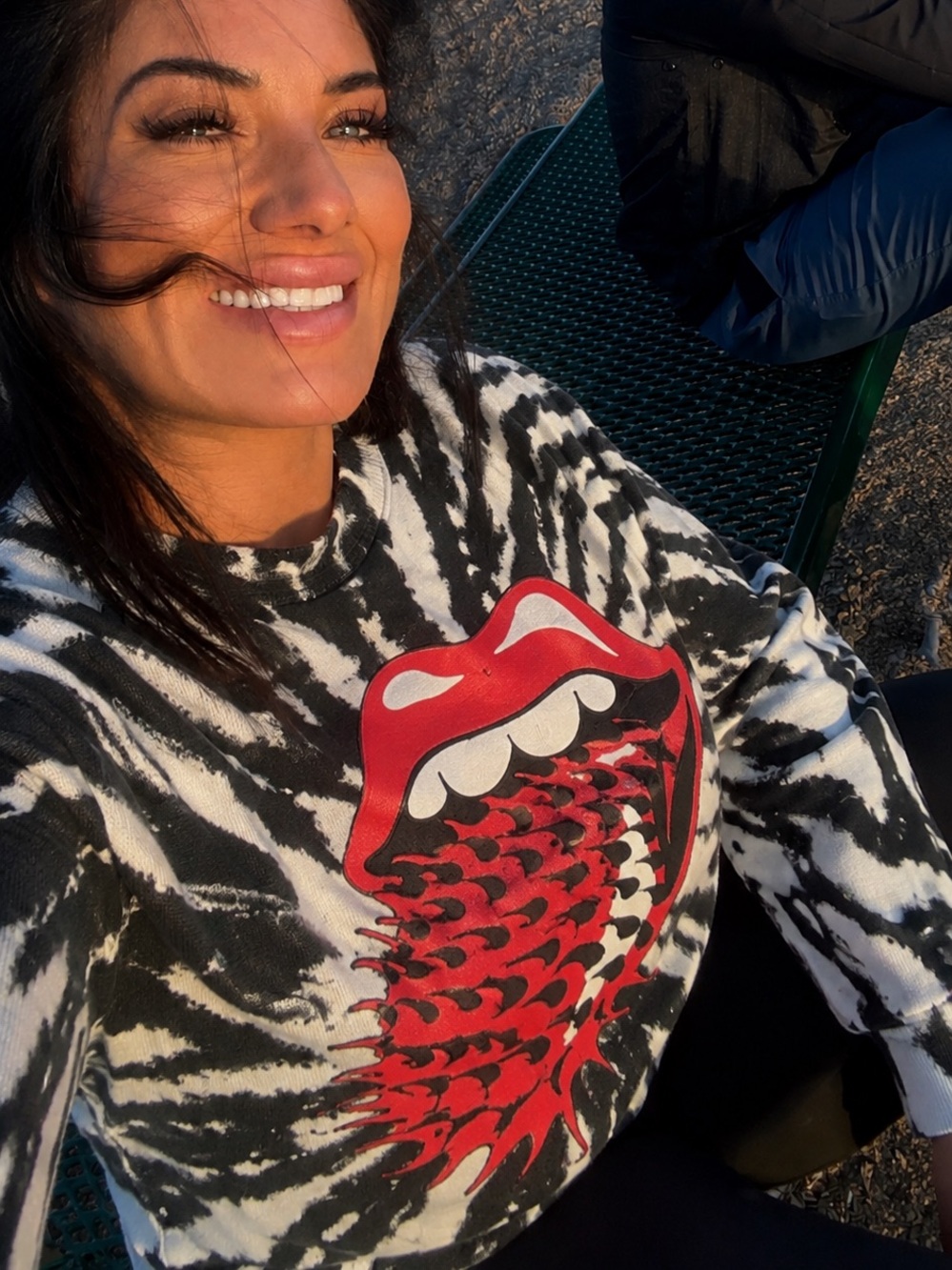 Madeworn Women’s Black & White Tie-Dye Sweater with Red Graphic Rolling Stones